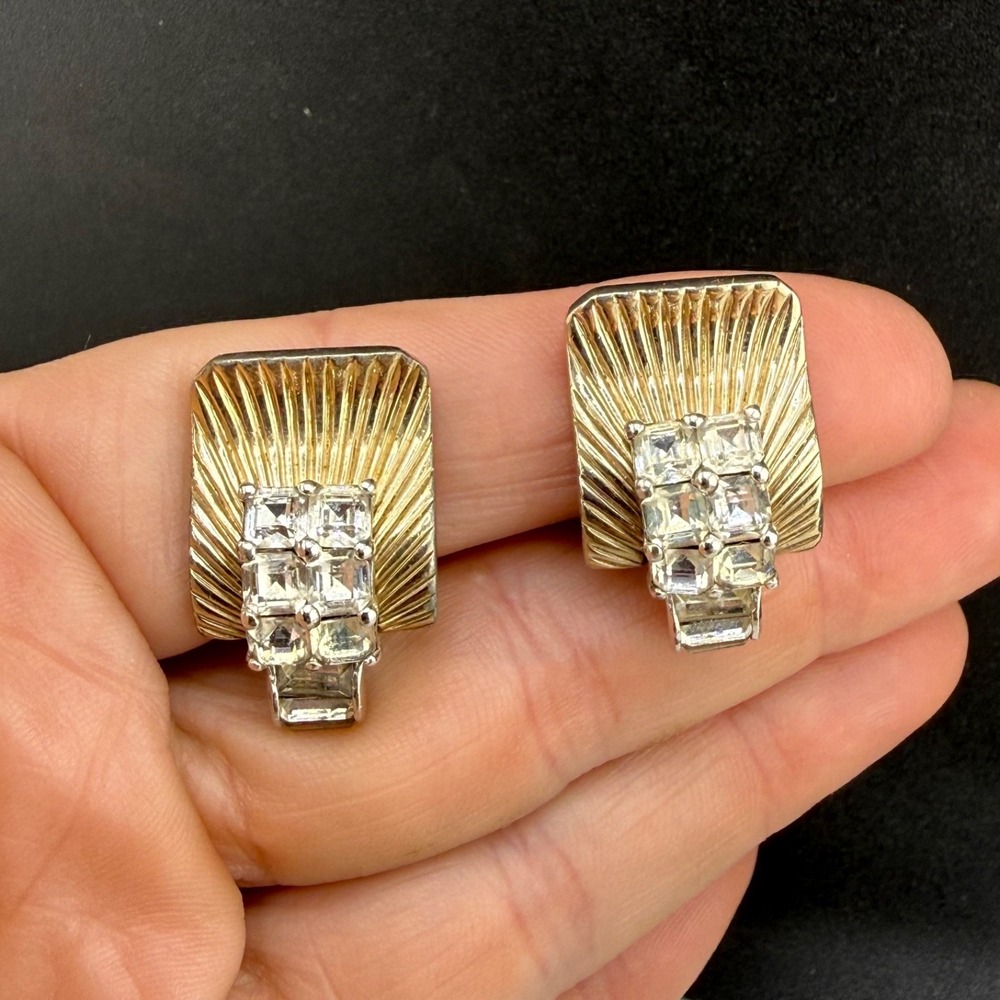 Vintage Jomaz Rhinestone Clip On Earrings Signed Gold Tone